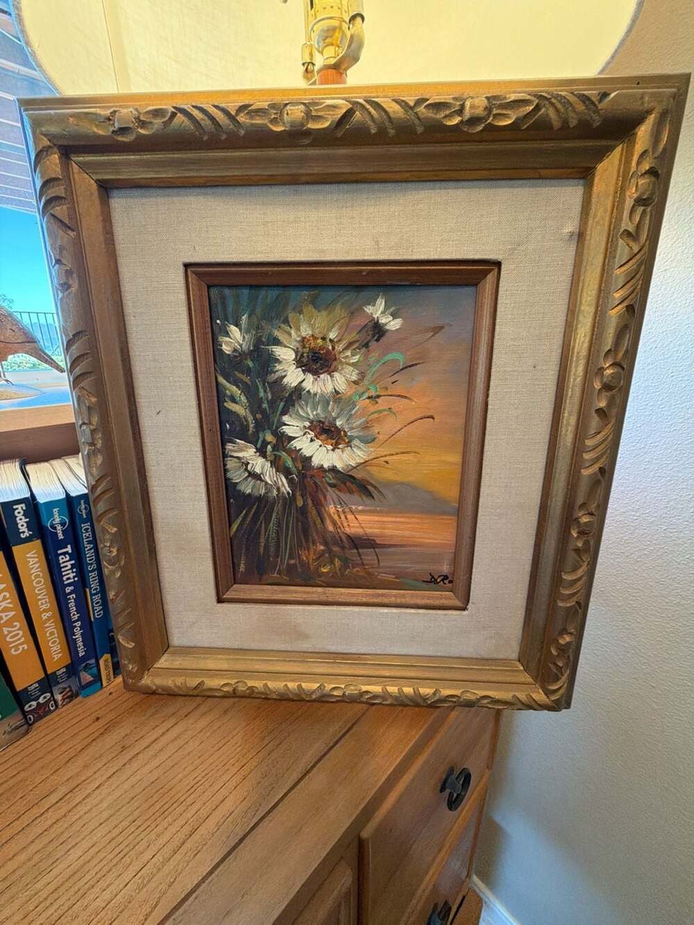 Vintage Original Floral Still Life Oil Painting of Sunflowers in Ornate Gold Fra